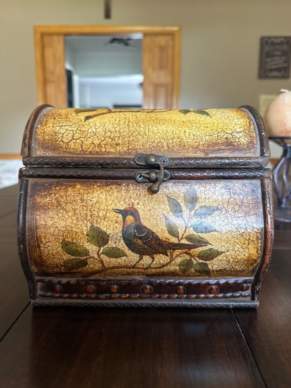 Handcrafted Vintage-Look Wooden Chest With Bird Design & Rustic Crackle Finish